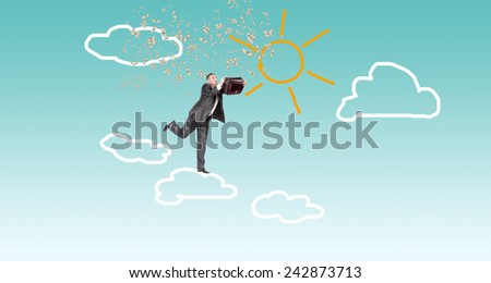 Financial investment.Businessman on clouds with dollars