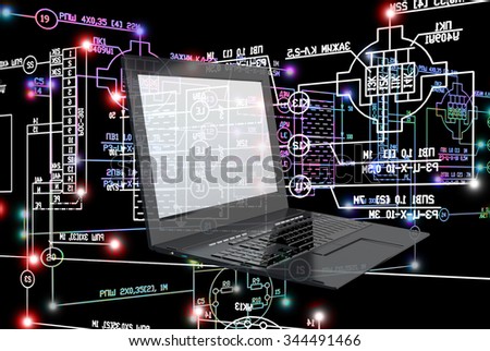 laptop,Electrical industrial engineering scheme on black background.Engineering technology