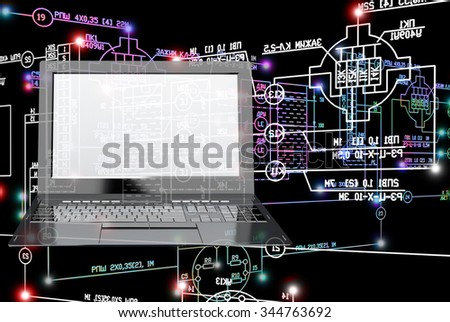 Laptop,Electrical industrial engineering scheme.Engineering designing