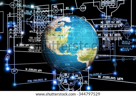 Electrical industrial engineering scheme.Globe planet.Engineering designing technology