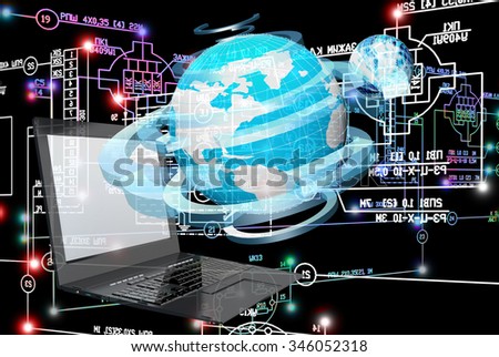 Globe planet,laptop,engineering industrial electrical scheme.Designing engineering technology
