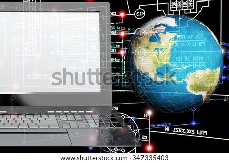 laptop,globe planet,industrial engineering scheme on black background.Engineering industrial electrical technology
