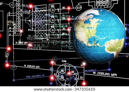 globe planet,industrial engineering scheme on black background.Engineering industrial electrical technology