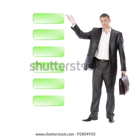 Businessman and green buttons over white background