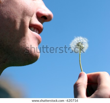 man holding a dandelion in his hand about to blow