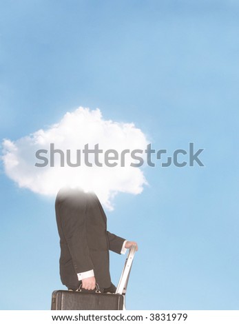 Businessman stands on a ladder holding his briefcase with his head in the clouds