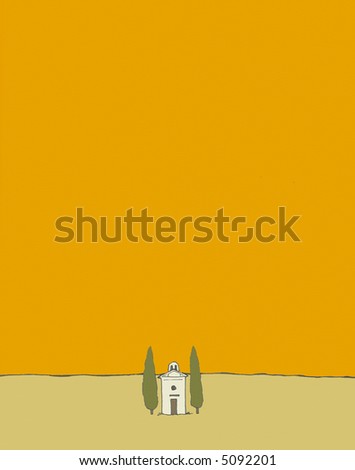 small church in tuscany with orange sky and two cypress trees next to the building