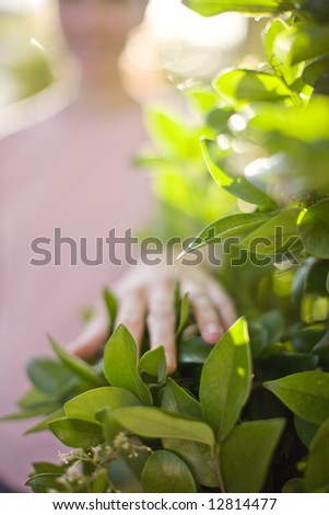 Young woman dressed in pink standing and touching plant with hand