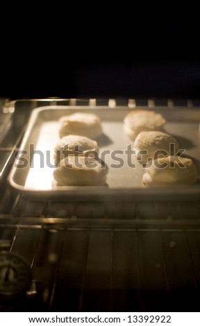 six biscuits baking in oven on tray