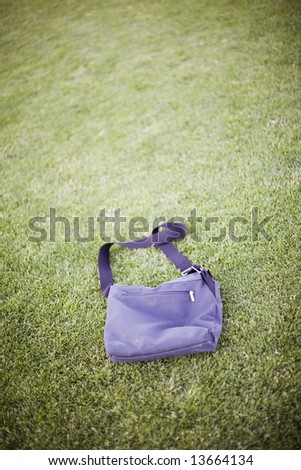 single handbag outside on open green grass