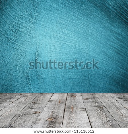Blue wall and wooden floor interior background