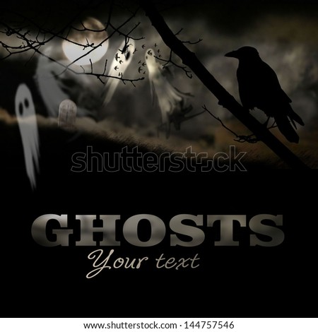 ghosts, old gravestones, moon and black raven