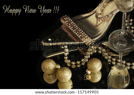 gold party shoes with champagne glasses