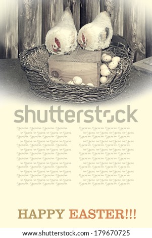 Chickens and eggs in the nest. Vintage style Easter card.