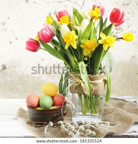 Vase of Tulips  and easter eggs