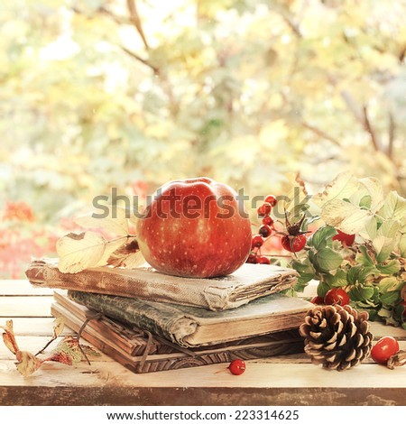old books, leaves and apple in autumn scenery