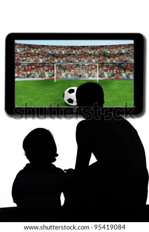 father and son  watching soccer ball  in television