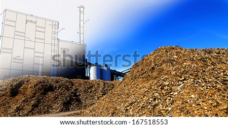 bio power plant drawing  with storage of wooden fuel against blue sky