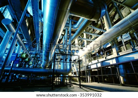 Industrial zone, Steel pipelines and equipment in blue tones