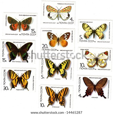 Obsolete postage stamps from Russia . Old collectible post stamps show colorful butterflies.