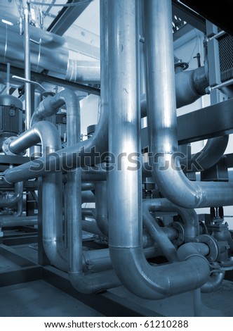 Installation of industrial pipelines in blue tones