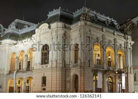 Night view of Karlovy Vary City Opera Theater 1886 by the Viennese architects Ferdinand Fellner & Hermann Helmer.