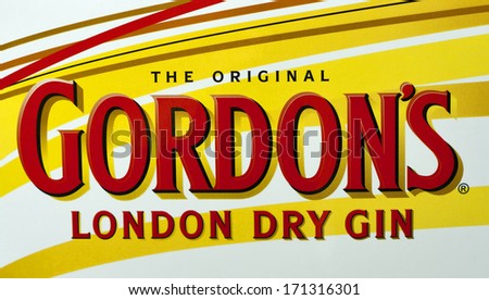 KIEV, UKRAINE - JUNE 05, 2011: Original Gordon\'s London Dry Gin bottle label macro. Gordon\'s Gin was developed in London 1769 by Scot Alexander Gordon and its recipe remains unchanged to this days.