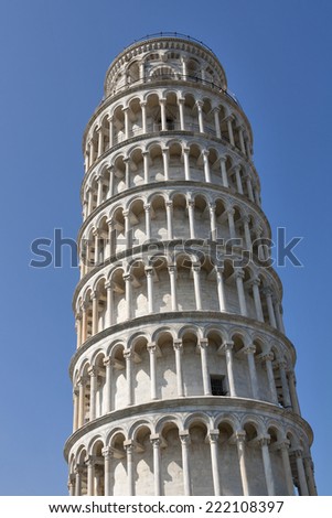 Leaning Tower of Pisa against blue sky in the Campo Dei Miracoli, Pisa, Italy