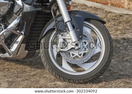 disk brake system on a motorcycle front wheel closeup