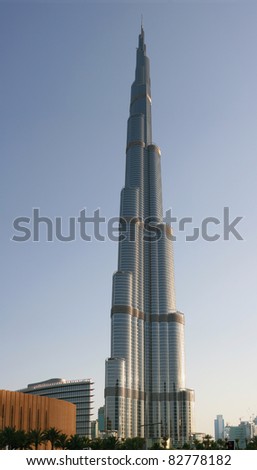 DUBAI, UNITED ARAB EMIRATES - MAY 18: Vertical panorama of a skyscraper Burj Khalifa on May 18, 2011 in Dubai, UAE. It is currently the tallest structure in the world, at 828 m (2,717 ft).