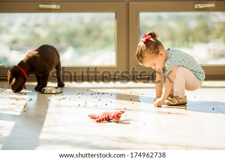 Cute Labrador Puppy Making A Mess With His Food While A Little Girl Helps Him Pick It Up