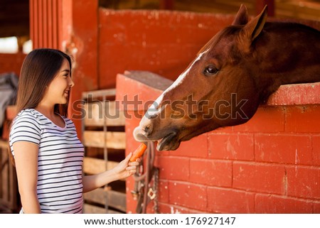 Cute girl feeding a horse during a equine therapy session in a ranch