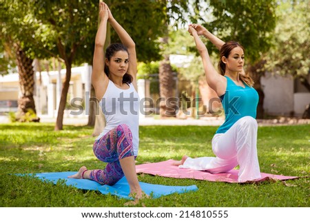 Portrait of a beautiful brunette and her friend doing yoga at a park