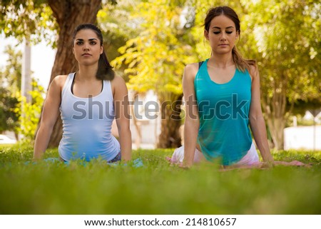 Pretty Latin women practicing the cobra pose during their yoga training outdoors