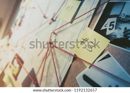 Detective board with evidence, crime scene photos and map. high contrast image