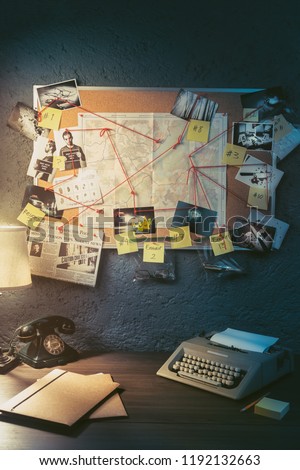 Detective board with evidence, crime scene photos and map. high contrast image