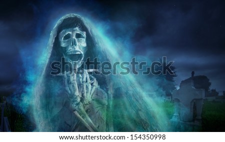 La llorona, mexican scary ghost floating on a graveyard at night, seasonal Halloween \