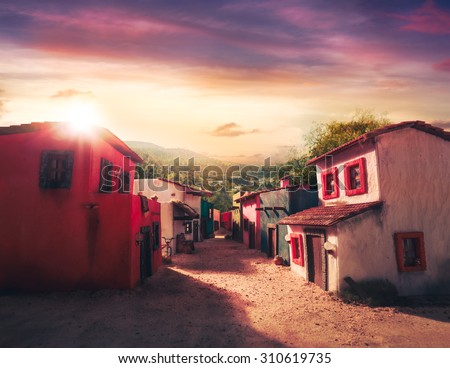 scale model of a mexican town at sunset
