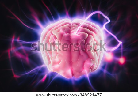mind power concept with human brain and light rays