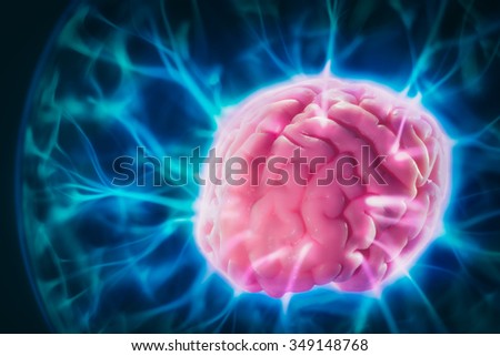high contrast image, mind power concept with human brain and light rays on a blue background
