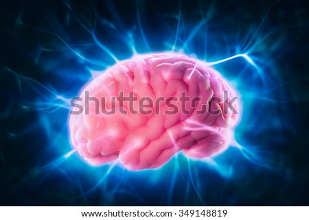 high contrast image, mind power concept with human brain and light rays on a blue background