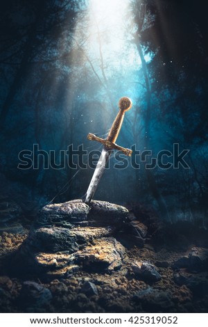High contrast image of Excalibur, sword in the stone with light rays and dust specs in a dark forest
