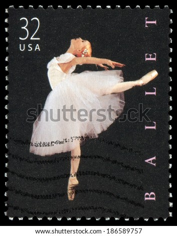 USA- 1998: American Ballet. A woman is dancing in the black. Issued by USPS in 1998, canceled in usage.