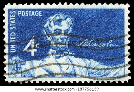 USA-1958: Abraham Lincoln( 1809 ÃÂ¢Ã?Ã? 1865), the 16th President of the United States. Issued by USPS in 1958, canceled in usage.