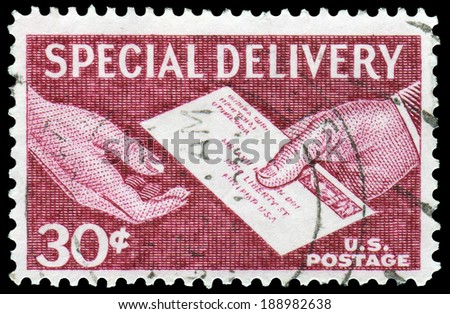USA-1957: special mail delivery. Issued by USPS in 1957, canceled in usage.