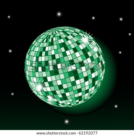 green violet disco-sphere on a black background with stars