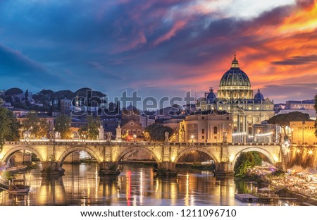 View on the Vatican in Rome, Italy, at sunset with dramatic sky. Scenic travel background.