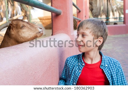 Beautiful funny child looking at a goat in a zoo smiling happily. (Nature protection concept)