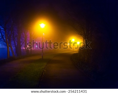 Romantic foggy night walk in a park with street lights (diffused, toned)