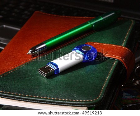USB key (flash) and a green pen on a leather organizer